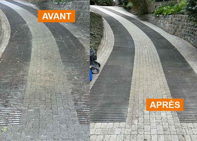 Nettoyage des extérieurs LE ROY DES TOITS en Belgique : Nettoyage et traitement anti-mousse sur pavé, klinker, pierre bleue, muret, terrasse … intervention en BELGIQUE: région Flamande, Wallonne et Bruxelles, Liège ….